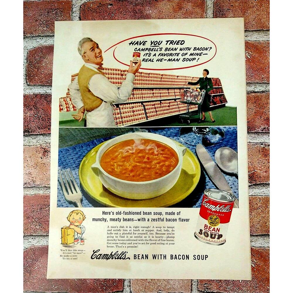 Campbells Bean with Bacon Soup - Store Shelves -1950 Original Retro Vtg PRINT AD